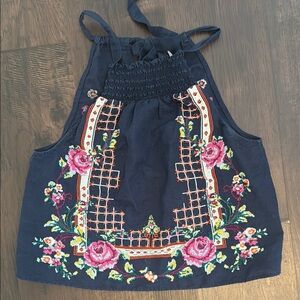 FREE PEOPLE FLORAL EMBROIDERED HALTER TOP CROPPED BLUE
